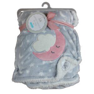 Petite L'Amour Moon Stars Gray Pink White Sherpa Fleece Baby Blanket Girls NWT